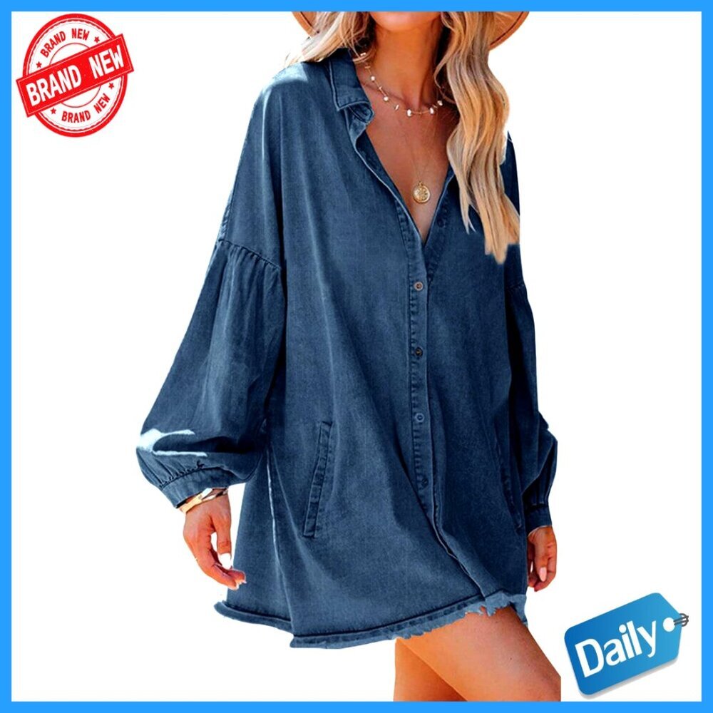Oversized Distressed Denim Button Down Shirt Dress Flowy Mini Tunic with Pockets